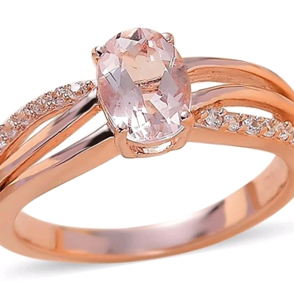 Morganite & White Zircon Ring 18k Rose Gold over 925 Size 6!